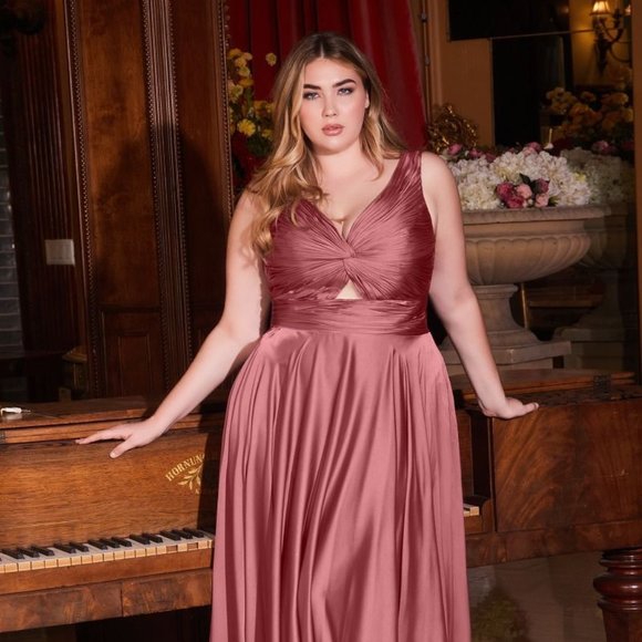NEW LONG A-LINE SLEEVELESS SATIN DRESS WITH V-NECKLINE &...